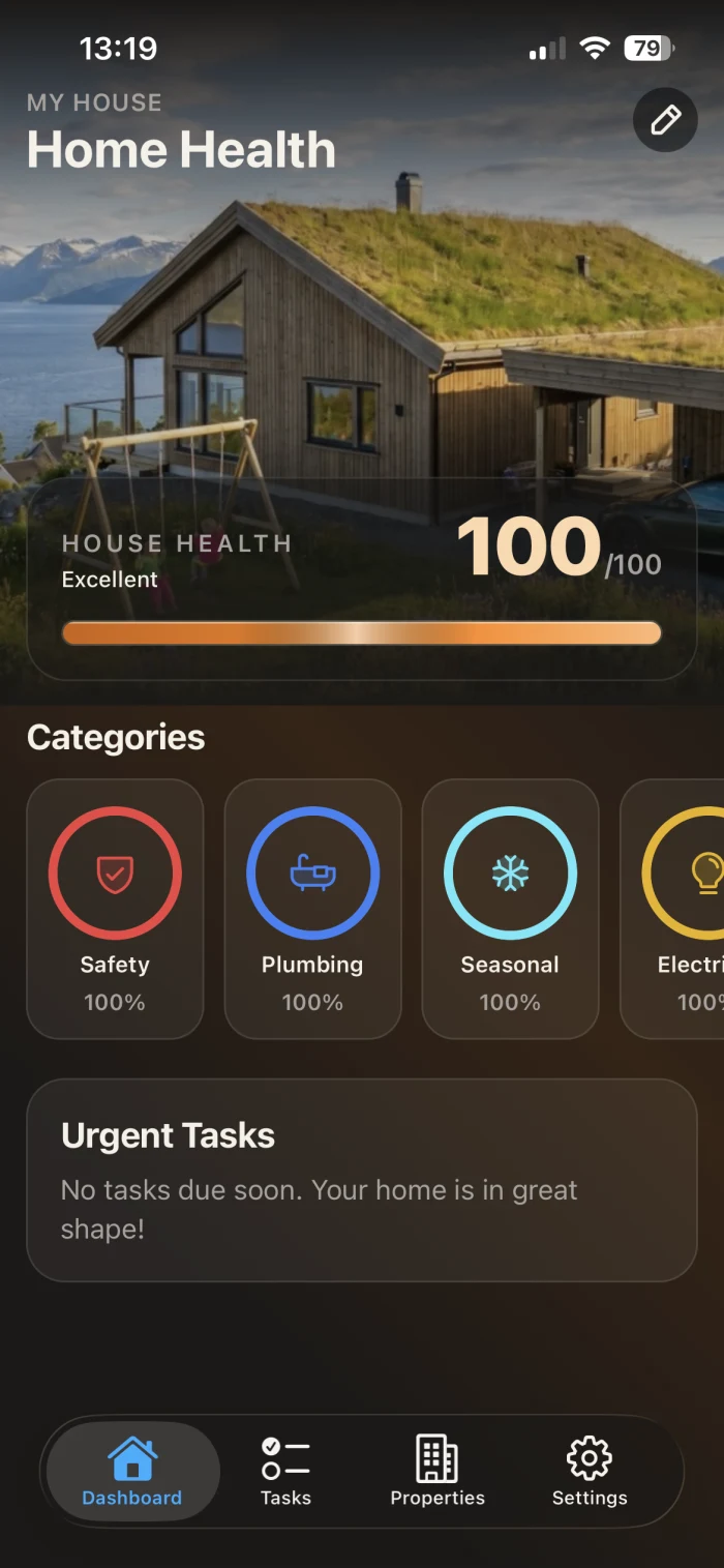 Heimvard dashboard showing home health, maintenance progress, and upcoming tasks