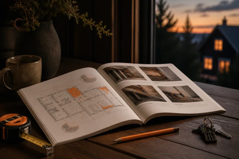 A property condition report with inspection areas marked on plans and photographs